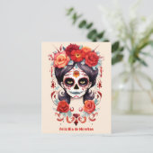 La Calavera Catarina en Flores Rojas Briefkaart (Staand voorkant)