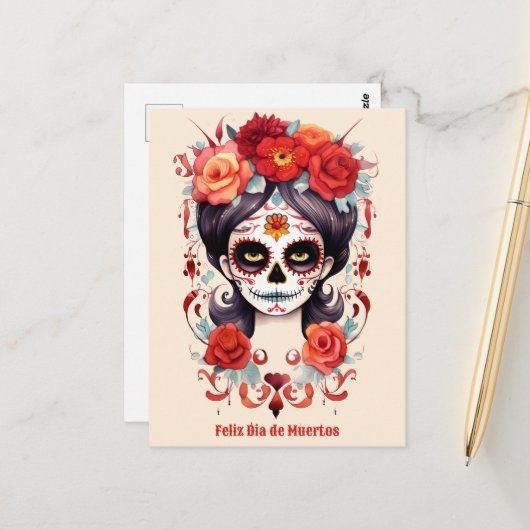 La Calavera Catarina en Flores Rojas Briefkaart (Voorkant / Achterkant in situ)