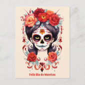 La Calavera Catarina en Flores Rojas Briefkaart (Voorkant)