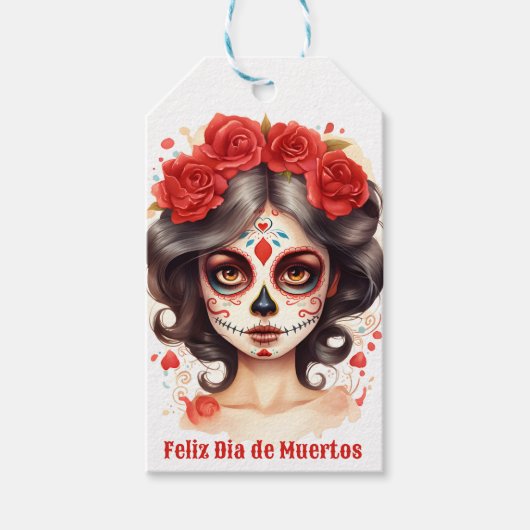 La Calavera Catarina💀 en Flores Rojas 🌹 Cadeaulabel (Voorkant)