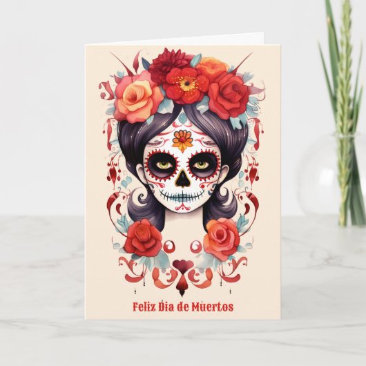 La Calavera Catarina en Flores Rojas Feestdagen Kaart (Voorkant)