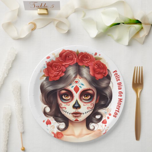 La Calavera Catarina💀 en Flores Rojas 🌹 Papieren Bordje (Huwelijk)