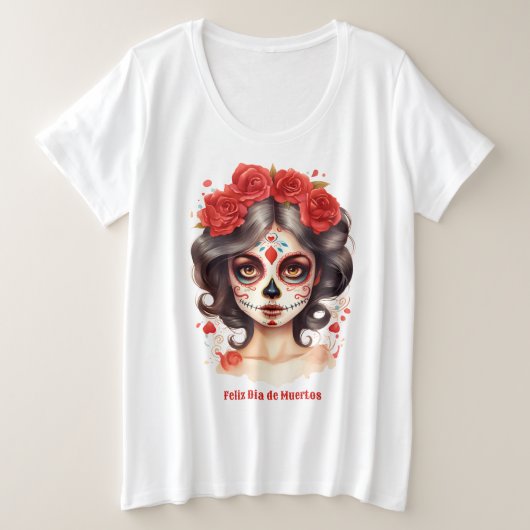 La Calavera Catrina💀 en Flores Rojas 🌹 Grote Maat T-shirt (Design voorkant)