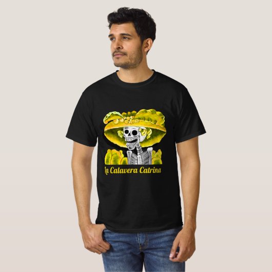 La Calavera Catrina in Gele Bonnet T-shirt (Voorkant volledig)