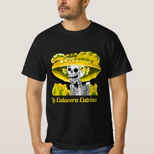 La Calavera Catrina in Gele Bonnet T-shirt (Voorkant)