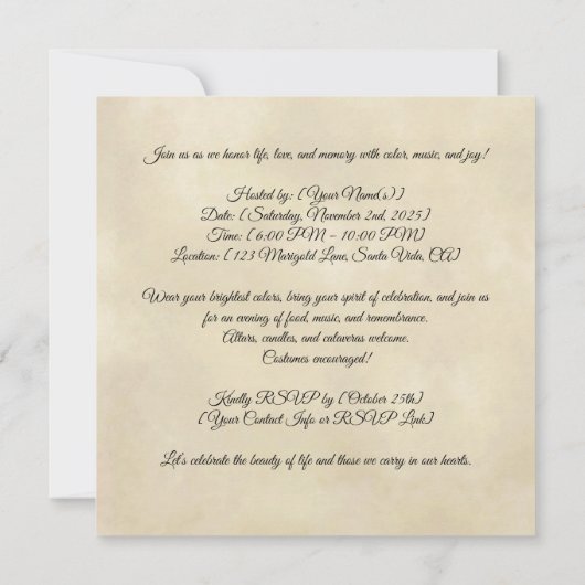 La Calavera Hermosa, gewoonte Kaart (Achterkant)