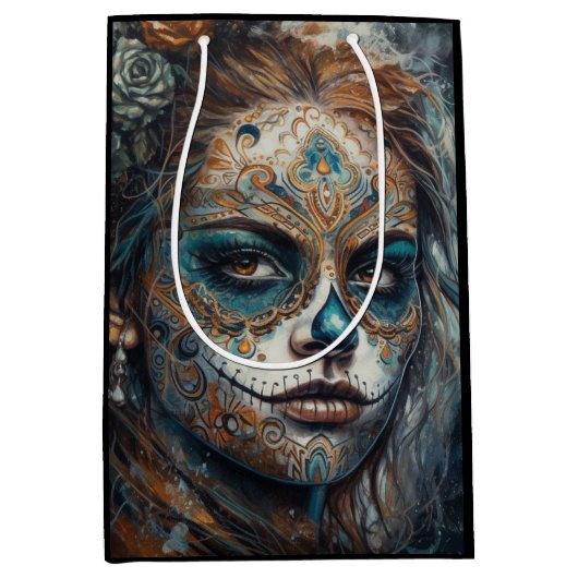 La Catrina Azul Dia de los Muertos Suiker Schedel Medium Cadeauzakje (Voorkant)