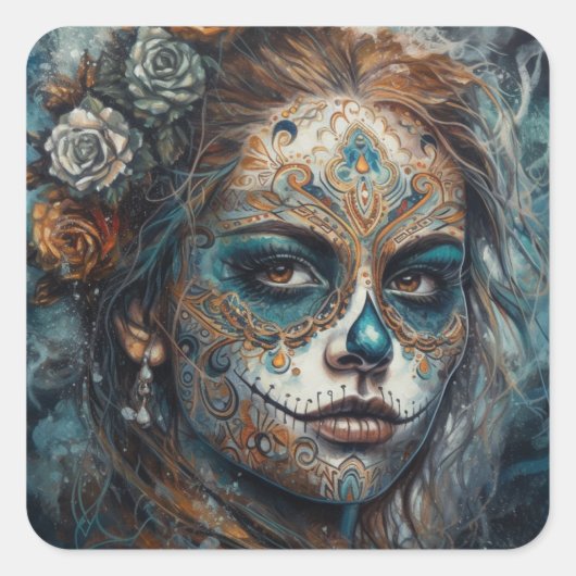 La Catrina Azul Dia de los Muertos Suiker Schedel Vierkante Sticker (Voorkant)