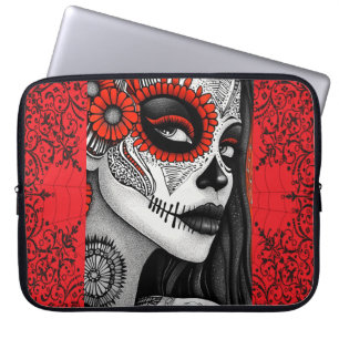 La Catrina Gothic Art – Zwart, Wit & Rood Laptop Sleeve