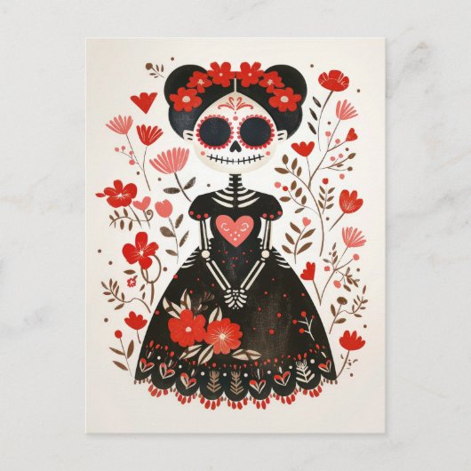 La Catrina met bloemen en grillige dag van de dode Briefkaart (Voorkant)