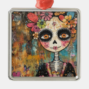 La Catrina-skelet met bloemenkroon Metalen Ornament