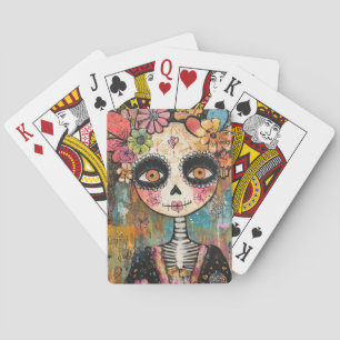 La Catrina-skelet met bloemenkroon Pokerkaarten