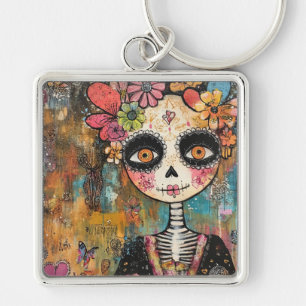 La Catrina-skelet met bloemenkroon Sleutelhanger