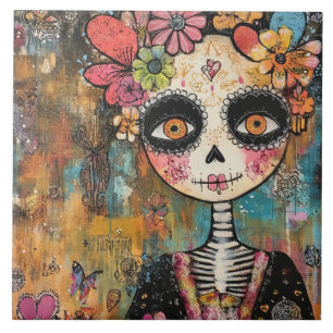 La Catrina-skelet met bloemenkroon Tegeltje