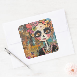 La Catrina-skelet met bloemenkroon Vierkante Sticker