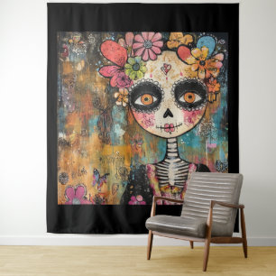 La Catrina-skelet met bloemenkroon Wandkleed