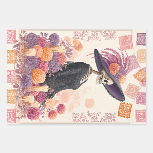 La Catrina Skeleton Lady Dag van de Doden Decoupag Inpakpapier Vel (Voorkant)