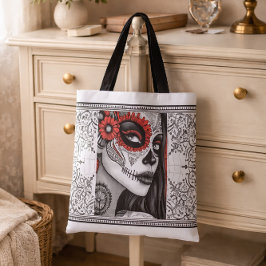 La Catrina Zwart, Wit & Rood Día de los Muertos Tote Bag