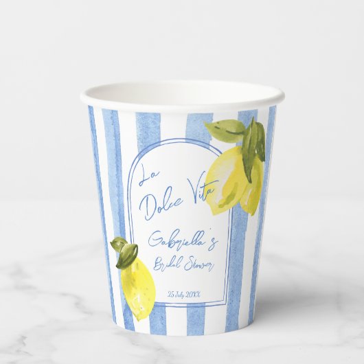 La Dolce Vita blauwe strepen citroenen vrijgezelle Papieren Bekers (Achterkant)