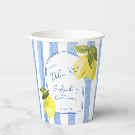 La Dolce Vita blauwe strepen citroenen vrijgezelle Papieren Bekers (Voorkant)