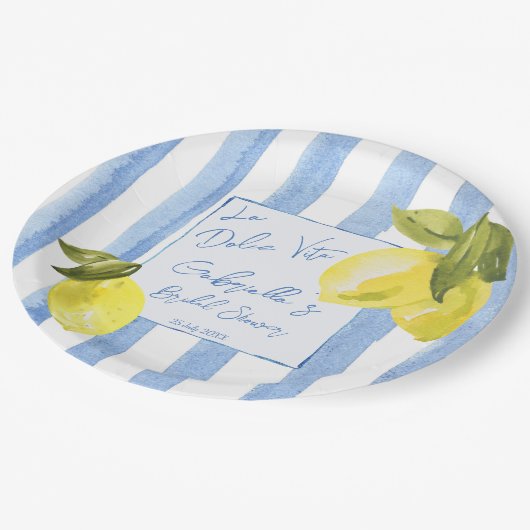 La Dolce Vita blauwe strepen citroenen vrijgezelle Papieren Bordje (Gekanteld)