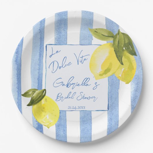 La Dolce Vita blauwe strepen citroenen vrijgezelle Papieren Bordje (Voorkant)
