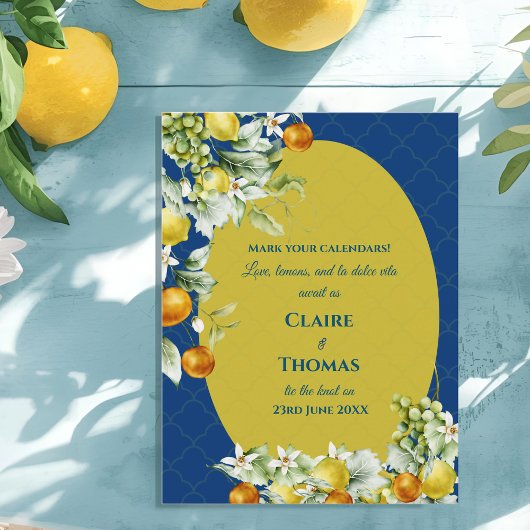 La Dolce Vita Blue Lemon Mediterranean Wedding Aankondigingskaart