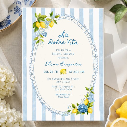La dolce vita citroenen blauwe hydrangea bruidsdou kaart