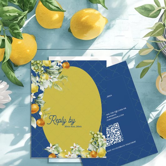 La Dolce Vita Citrus Blue Gold QR Code Wedding RSVP Kaartje