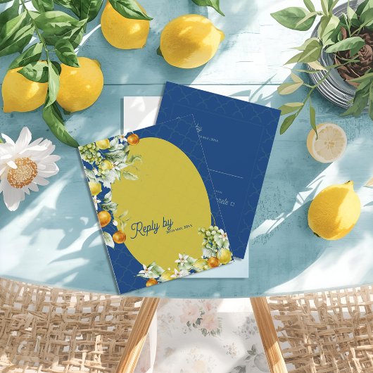 La Dolce Vita Citrus Luxe Blue Gold Wedding Reply RSVP Kaartje