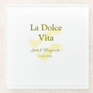 La Dolce Vita geel bruidspaar Naam datum glitter Glazen Onderzetter