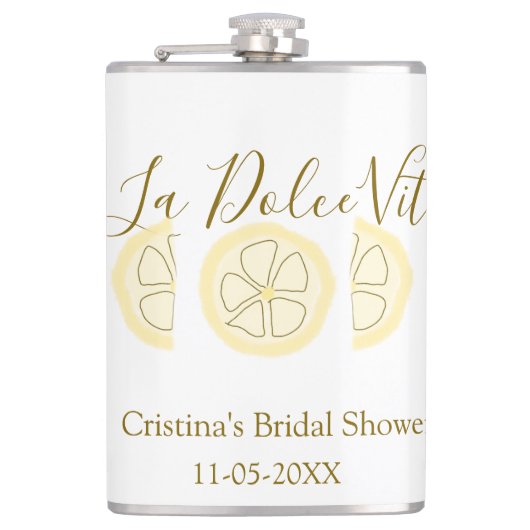 La Dolce Vita gele citroen bruidsdouche pastel bo Heupfles (Voorkant)