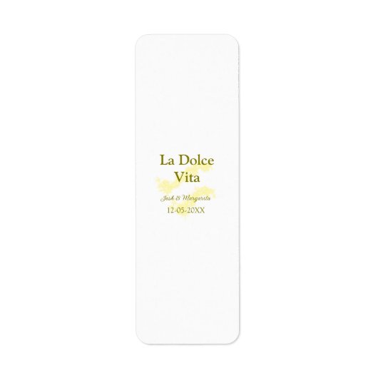 La Dolce Vita gele trouwkoppel Naam datum glit Etiket (Voorkant)
