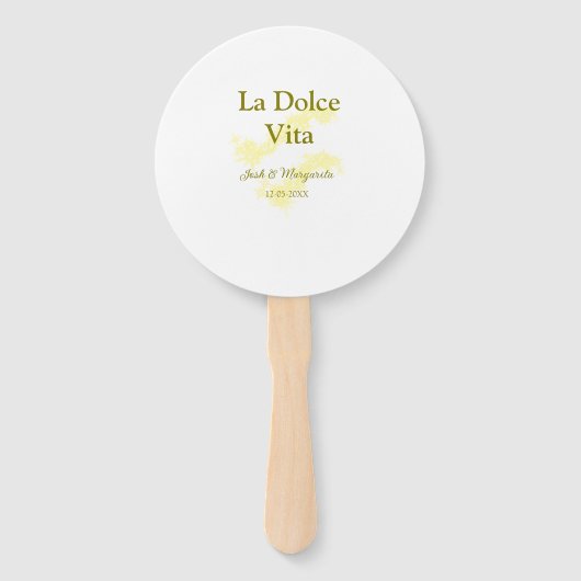 La Dolce Vita gele trouwkoppel Naam datum glit Handwaaier (Voorkant)