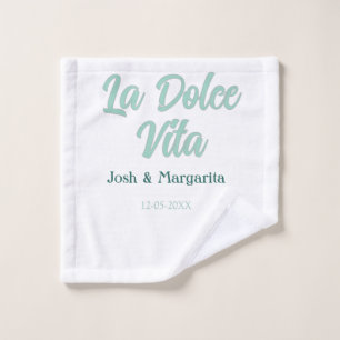 La Dolce Vita groen blauw pastel naam datum bruilo Washandje