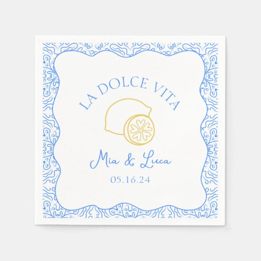 La Dolce Vita Lemon Blue Amalfi Italië Huwelijk Servet (Voorkant)