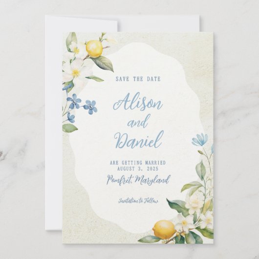 La Dolce Vita Lemon Floral Save The Date Kaart (Voorkant)