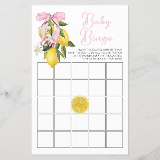 La Dolce Vita Lemon Pink Bow Baby shower Bingo Flyer (Voorkant)