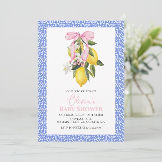 La Dolce Vita Lemon Pink Bow Baby shower Kaart (Staand voorkant)