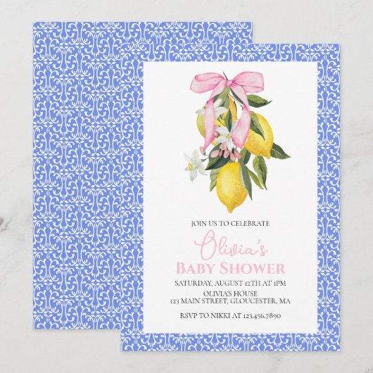 La Dolce Vita Lemon Pink Bow Baby shower Kaart (Voorkant / Achterkant)