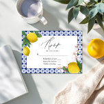 La Dolce Vita Lemon Tegel Italiaans Huwelijk RSVP Kaartje<br><div class="desc">Vul uw mediterrane geïnspireerde huwelijksuitnodigingen aan met deze elegante RSVP-kaart. Met levendige citroenen, delicate bloemen en ingewikkelde tegel, dit ontwerp perfect de charme van een Italiaans "La Dolce Vita" bruiloft thema. Deze RSVP-kaart is eenvoudig aan te passen voor uw evenementdetails en is de perfecte aanvulling op uw suite voor trouwbriefpapier....</div>