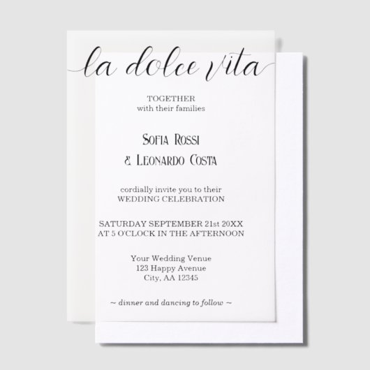 La Dolce Vita Script Elegante Italiaanse bruiloft Vellum Uitnodigingen (Offset)