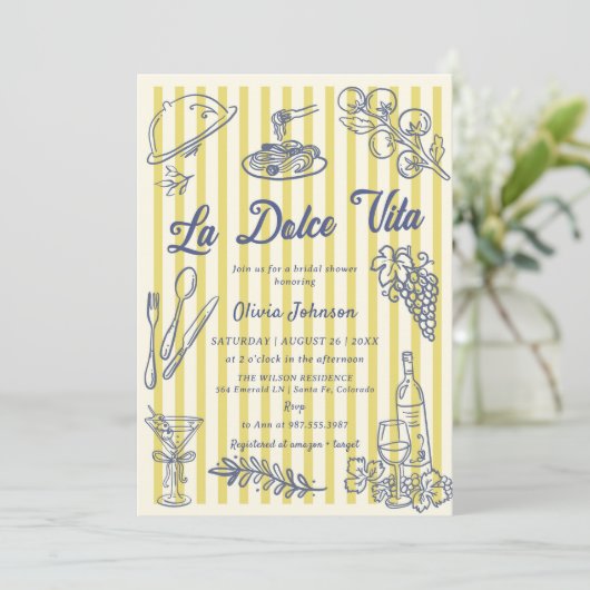 La Dolce Vita Yellow Stripes Italian Bridal Shower Kaart (Staand voorkant)