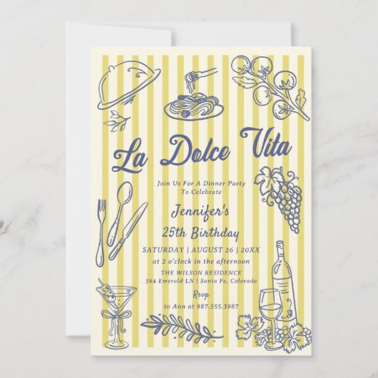La Dolce Vita Yellow Stripes Italian Dinner Party  Kaart (Voorkant)