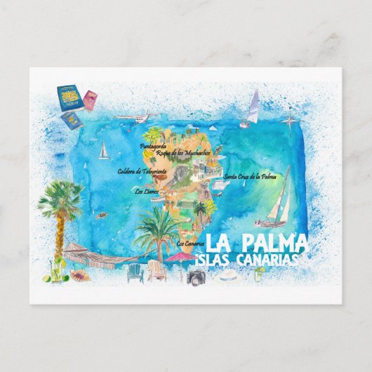 La Palma Islas Canaria Travel Map Briefkaart (Voorkant)