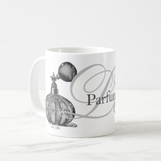 la perfum,  parfum illustratie; koffiemok (Voorkant links)
