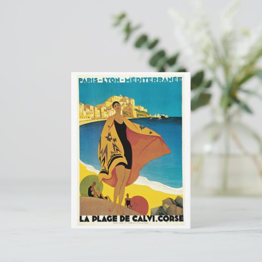 La Plage de Calvi, Frankrijk, poster van het vinta Briefkaart (Staand voorkant)