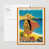 "La Plage de Calvi" Vintage Travel Poster Briefkaart (Voorkant / Achterkant)