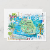 La Reunion geïllustreerde eiland reisplattegrond Briefkaart (Voorkant / Achterkant)