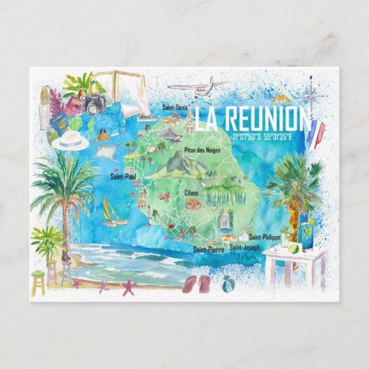La Reunion geïllustreerde eiland reisplattegrond Briefkaart (Voorkant)